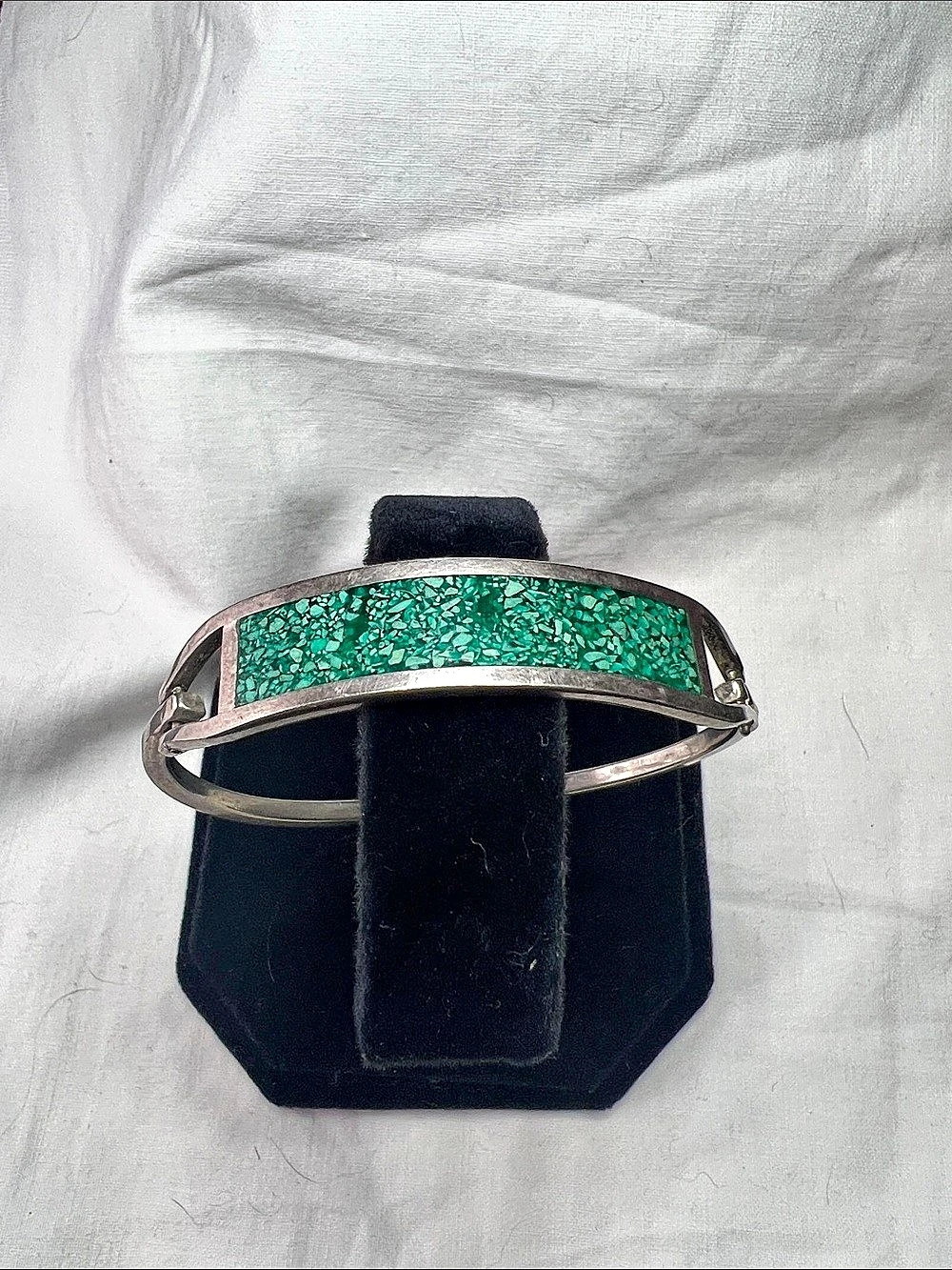 Green Inlay Silver-Tone Cuff Bracelet